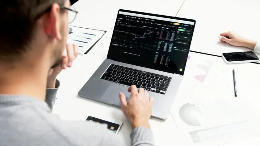Person reviewing stock performance on a laptop