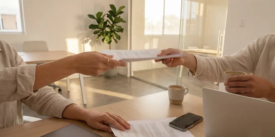 Person reviewing printed documents