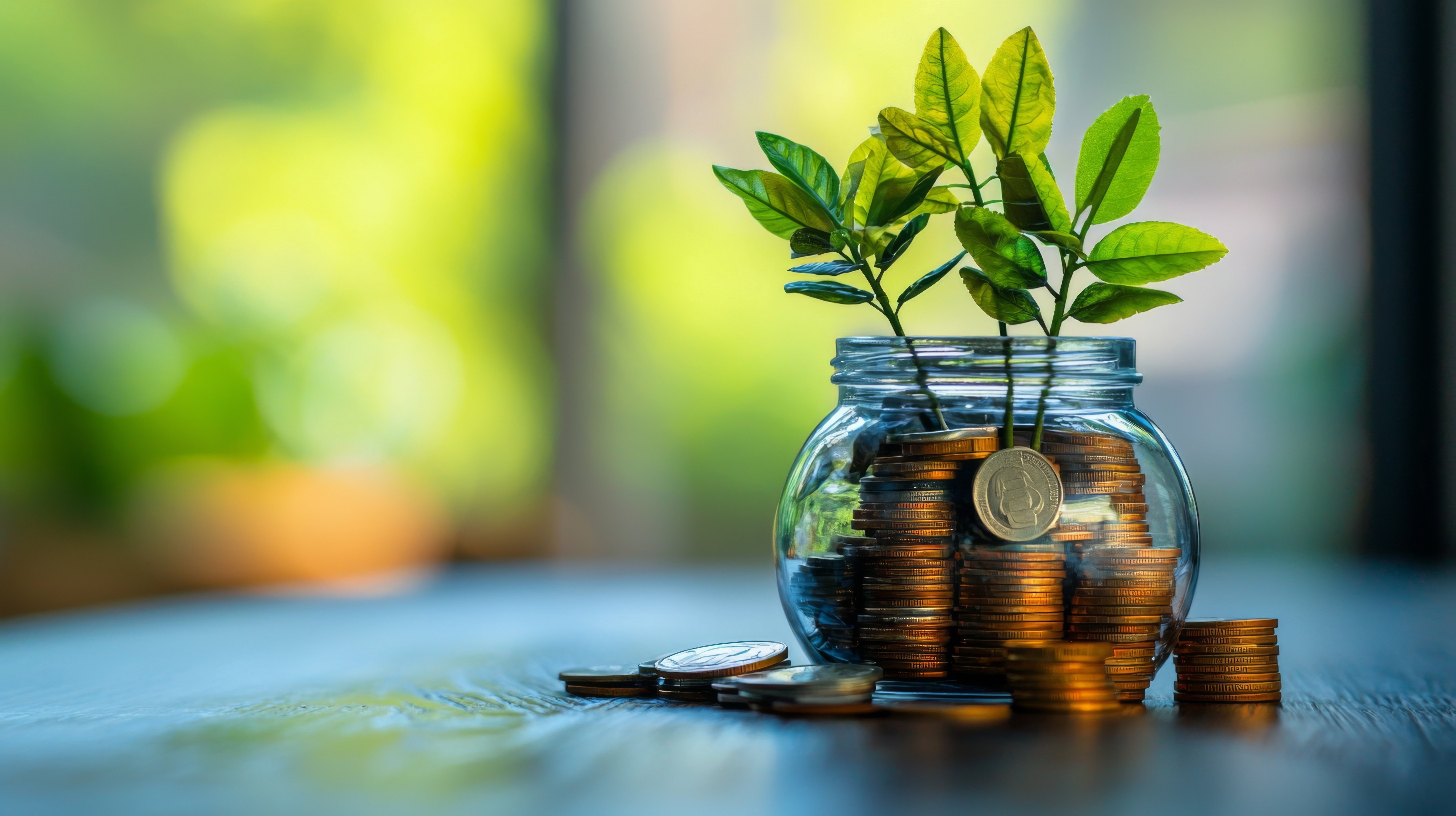 Coins in a vase with a plant growing out of it